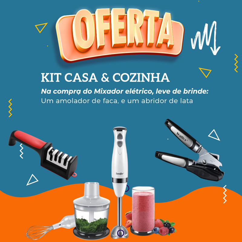 Kit Casa & Cozinha: Mixer Elétrico em Aço Inoxidável 3 em 1 220V + Afiador de facas e Abridor de latas