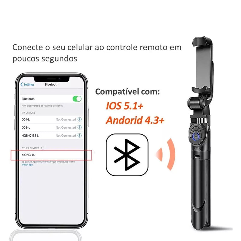 Suporte tripé e Bastão  de Selfie Bluetooth e controle, para celular