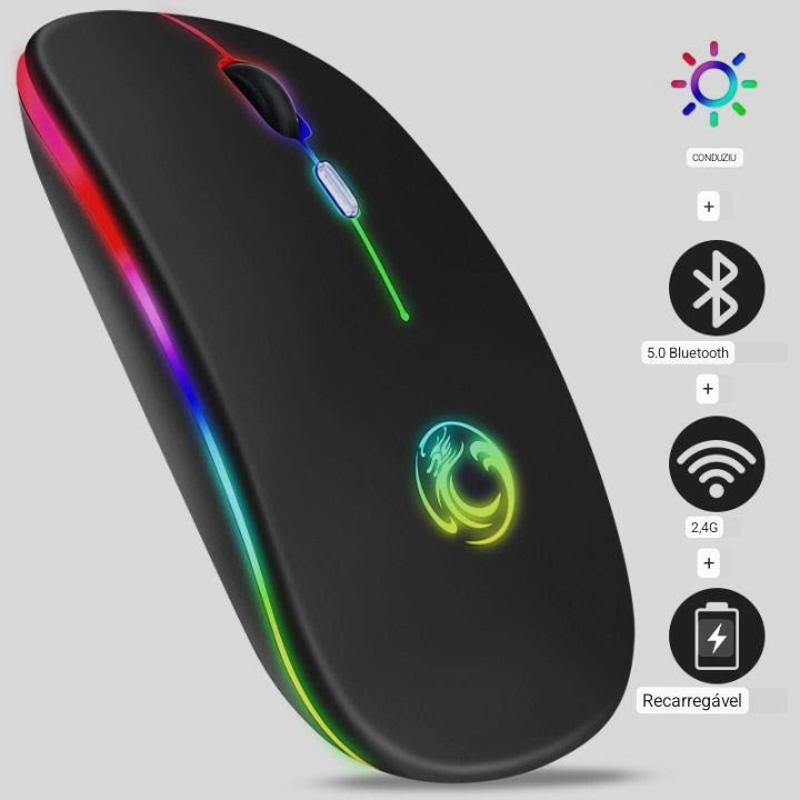 Mouse sem fio Bluetooth RGB Recarregável , LED Retroiluminado, para Jogos.
